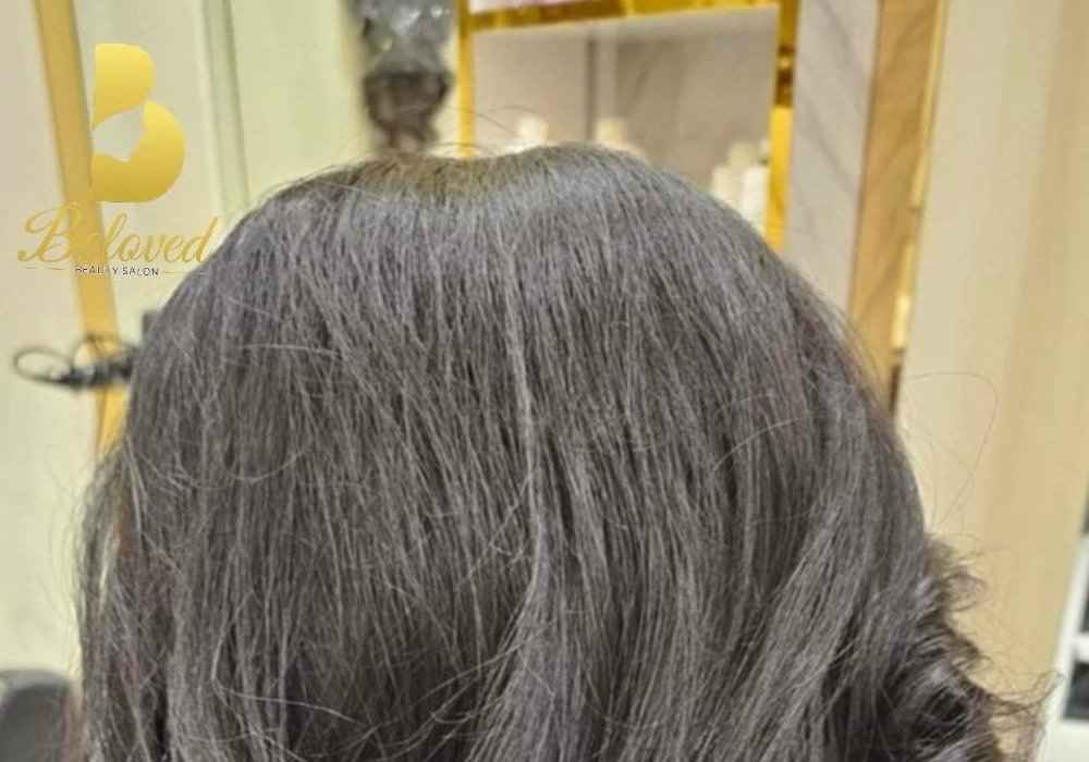 Real client root colour and grey coverage treatment in progress at Beloved Beauty Salon Dubai
