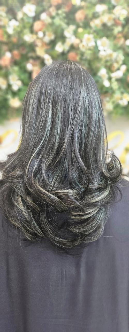 Grey blending highlights hair colour result at Beloved Beauty Salon Dubai