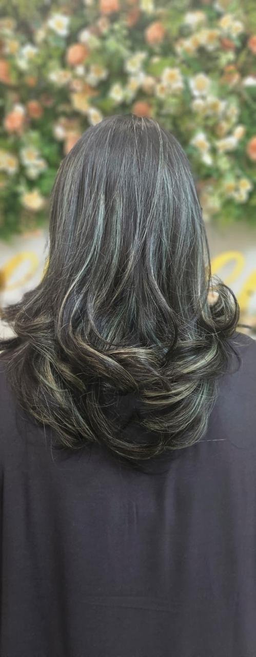 Grey blending highlights hair colour back view result at Beloved Beauty Salon Dubai