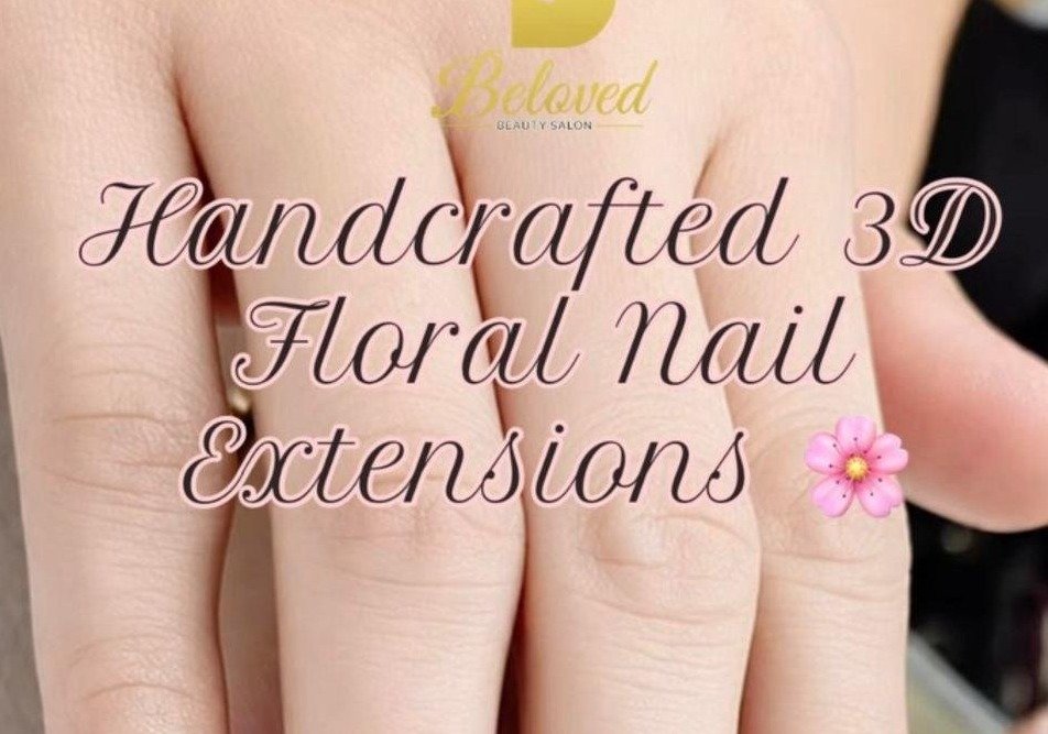 Real client handcrafted 3D floral nail extensions at Beloved Beauty Salon Dubai