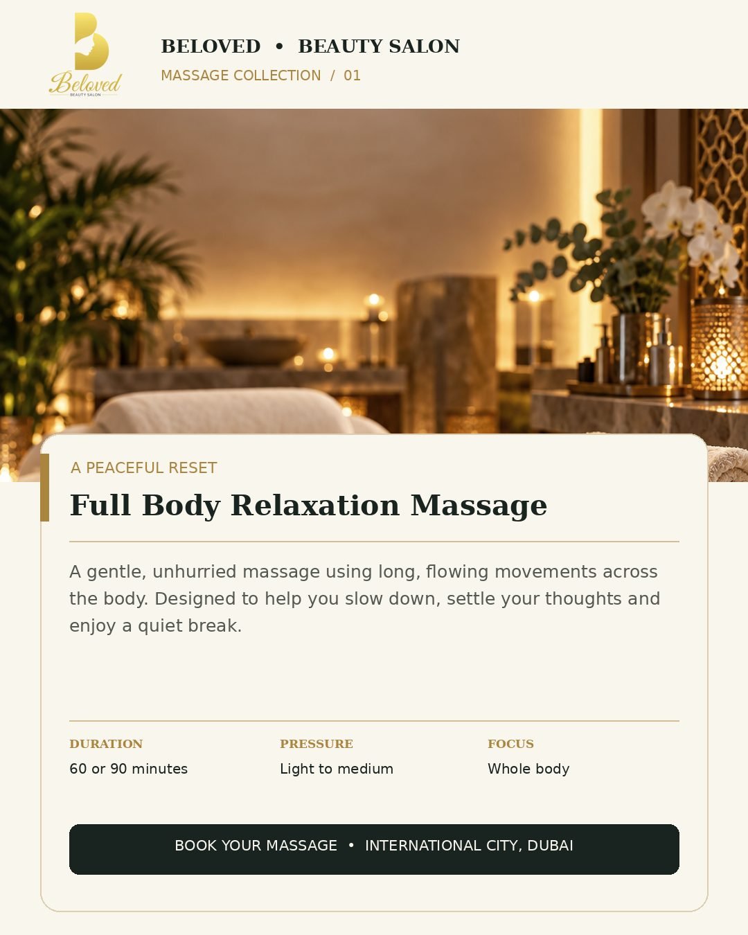 Full Body Relaxation Massage at Beloved Beauty Salon, International City Dubai
