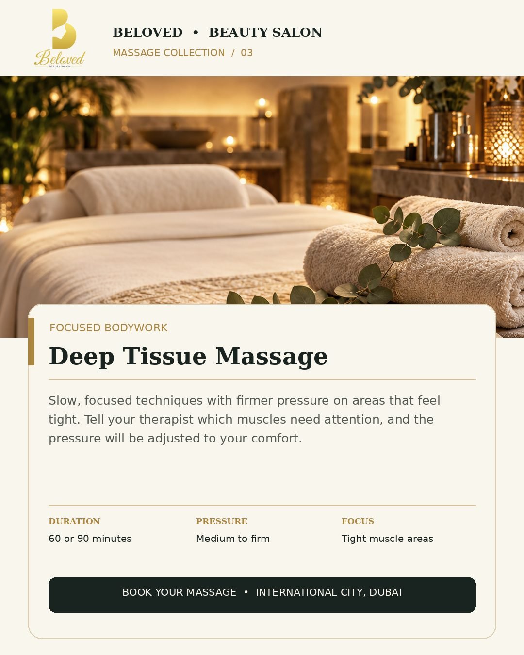 Deep Tissue Massage at Beloved Beauty Salon, International City Dubai