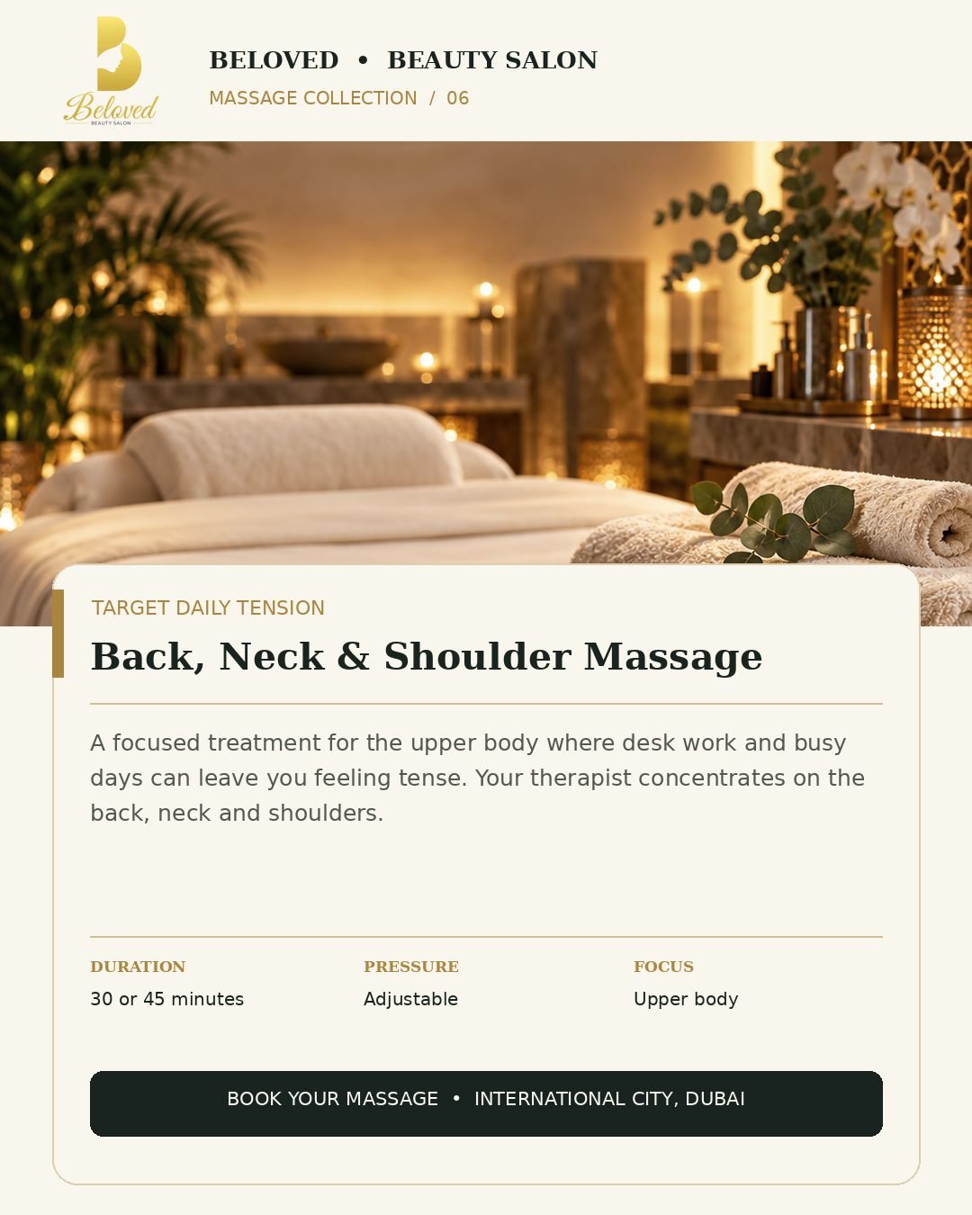 Back, Neck and Shoulder Massage at Beloved Beauty Salon, International City Dubai