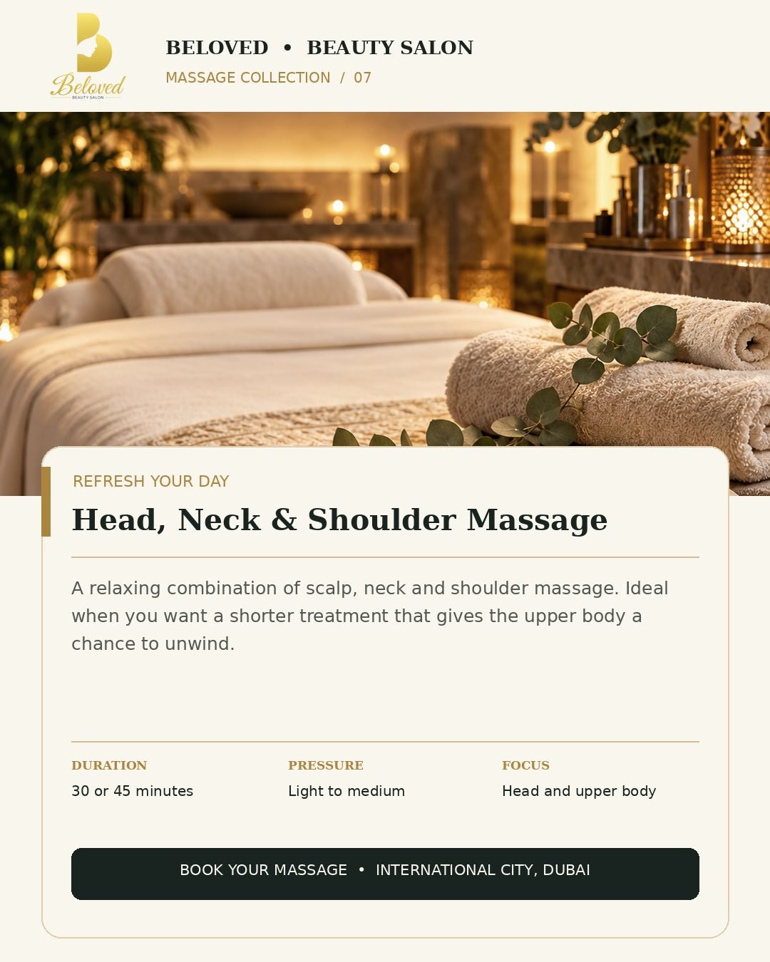 Head, Neck and Shoulder Massage at Beloved Beauty Salon, International City Dubai