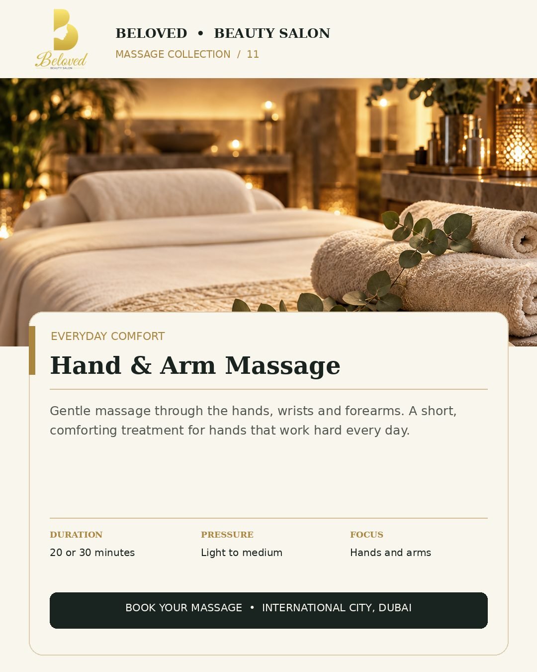 Hand and Arm Massage at Beloved Beauty Salon, International City Dubai